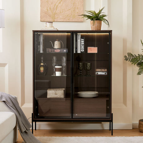 Modern Minimalist Style LED Curio Cabinet With Tempered Glass Door, Metal Legs HouseOfZazla