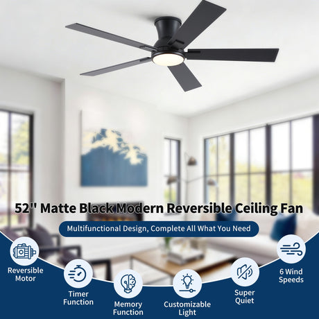 Low Profile Flush Mount Intergrated LED Ceiling Fan With Light And Reversible Quiet Motor HouseOfZazla