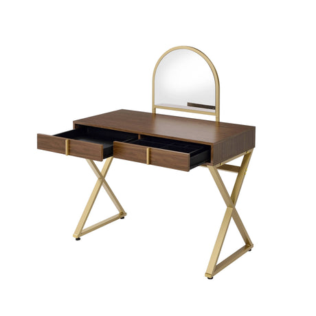 Coleen Walnut & Gold Finish Vanity Desk with Mirror & Jewelry Tray HouseOfZazla