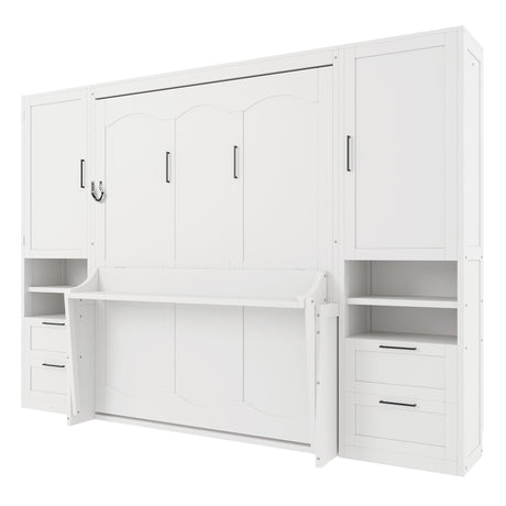 Queen Size Murphy Bed Wall Bed with Closet, Drawers and Shelves, White HouseOfZazla