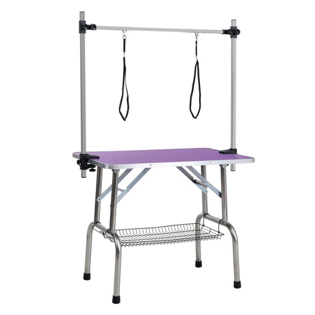 Folding Dog Pet Grooming Table Stainless Steel Frame Rubber Mat On Board With Adjustable Arm And Clamps Pet Dog Cat Grooming Table HouseOfZazla