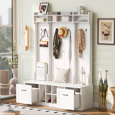 5 In 1 Entryway Bench With Coat Rack, 7 Sturdy Hooks, 2 Spacious Drawers And Adjustable Shelves HouseOfZazla