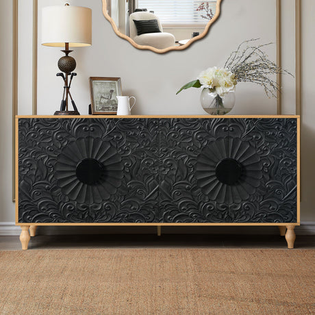 Black Carved Symmetrical Design Door And Wood Coloured Frame TV Stand HouseOfZazla