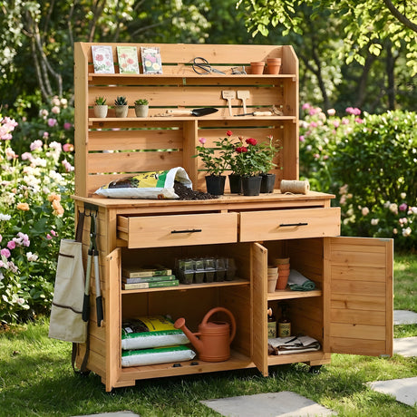 TOPMAX 65''H Large Garden Potting Bench with Lockable Wheels and Storage Cabinet HouseOfZazla