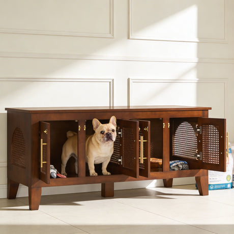 Lars Indoor Rattan Decorated Rubber Wood Dog Crate Cabinet Furniture HouseOfZazla