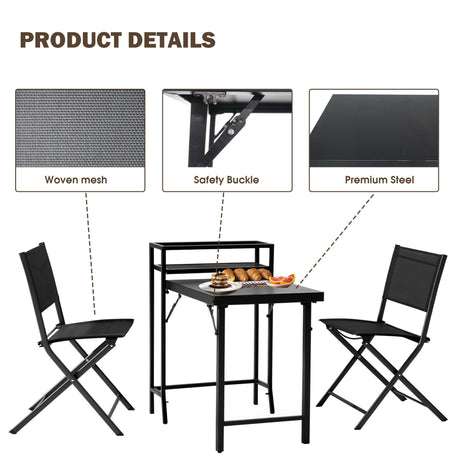 3 Piece Patio Bistro Set, Patio Set Of Foldable Patio Table And Chairs, Outdoor Patio Furniture Sets - Black HouseOfZazla