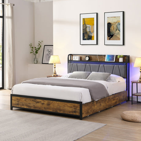 Contemporary Bed Frame With Storage Headboard, Charging Station, LED Lights HouseOfZazla
