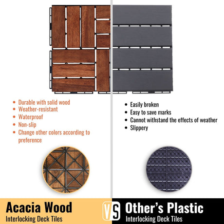 Interlocking Deck Tiles Checker Pattern, Square Acacia Hardwood Outdoor Flooring For Patio, Bancony, Pool Side HouseOfZazla