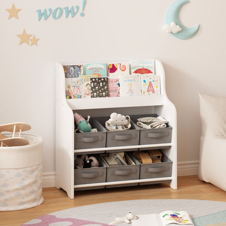 Bookshelf With 6 Storage Bins, Multi Functional Children's Bookcase And Toy Organizer - White HouseOfZazla