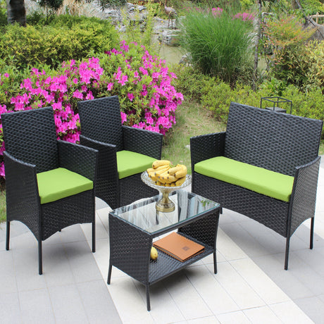 4 PC Rattan Patio Furniture Set Outdoor Cushioned Wicker Sofa Green Cushion HouseOfZazla