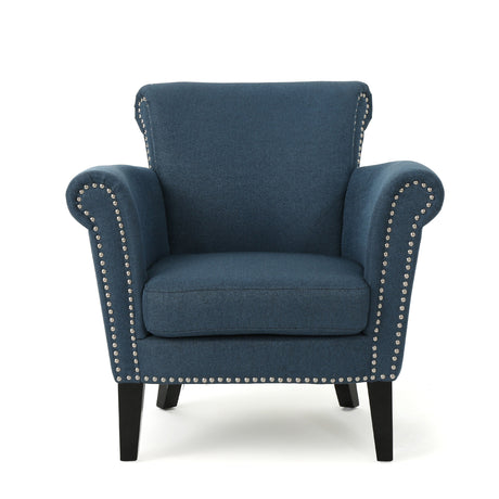 Elegant Navy Blue Fabric Club Chair with Nailhead Trim and Birch Wood Legs HouseOfZazla