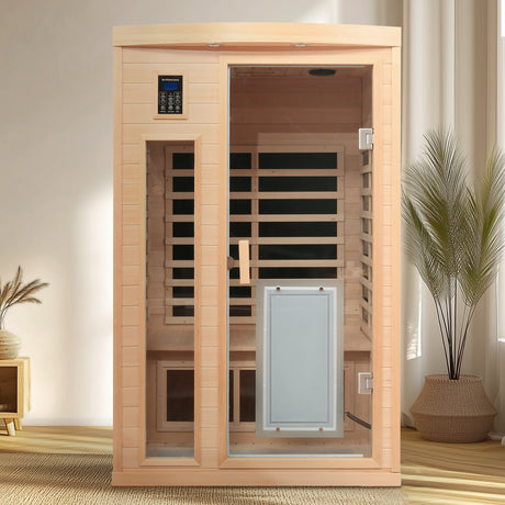 Low EMF, There is also a heating plate on the glass door, Hemlock wood Far-infrared indoor Two person sauna room HouseOfZazla