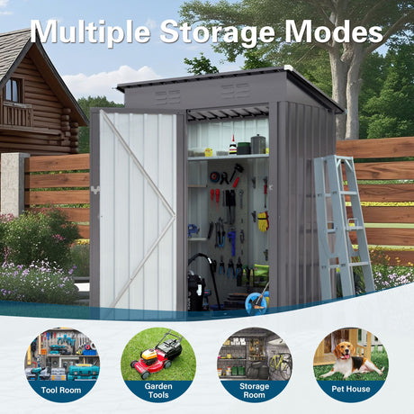 5 X 3 Ft Durable Metal Shed Outdoor Storage Shed With Pitched Roof And Lockable Door - Gray HouseOfZazla