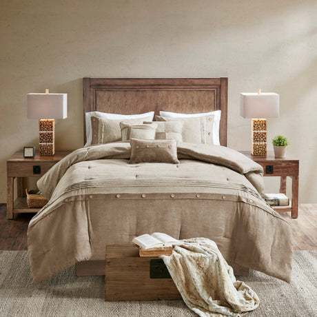 7 Piece Faux Suede Comforter Set Tan California King HouseOfZazla