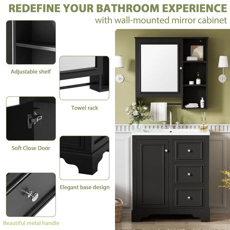 Bathroom Vanity With Sink, Modern Elegant Bathroom Storage Cabinet With 3 Drawers And Adjustable Shelves, Freestanding Vanity Set With Mirror Cabinet, Single Sink Bathroom Vanity HouseOfZazla