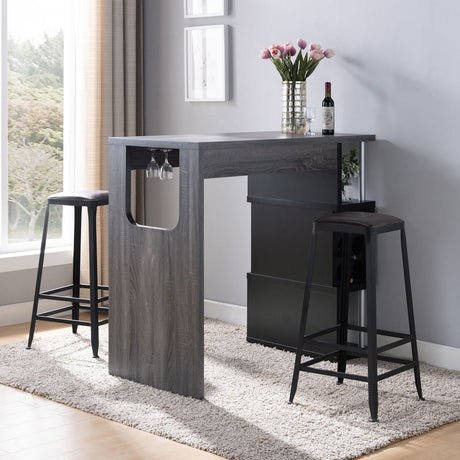 Home Bar Table With Wine Glass Compartment And Three Shelves - Distressed Gray / Black HouseOfZazla