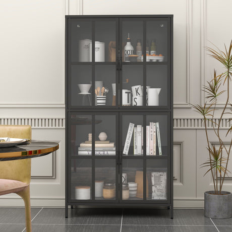 Premium Metal Storage Cabinet With Tempered Glass Doors, Adjustable Shelves, And Anti Tipping Device - Black HouseOfZazla