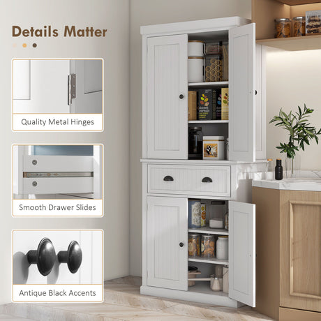 Homcom - 72" Kitchen Pantry, Tall Storage Cabinet, Freestanding Cupboard With Drawer, Doors And Adjustable Shelves - White HouseOfZazla