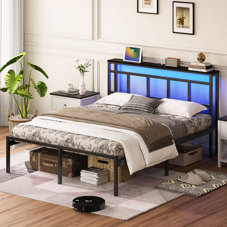 Bed Frame With Storage Headboard With USB C, Type C And LED Light HouseOfZazla