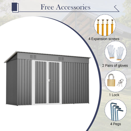 10'x4' Outdoor Metal Storage Shed for Garden Tools Lockable Door With Floor Frame HouseOfZazla