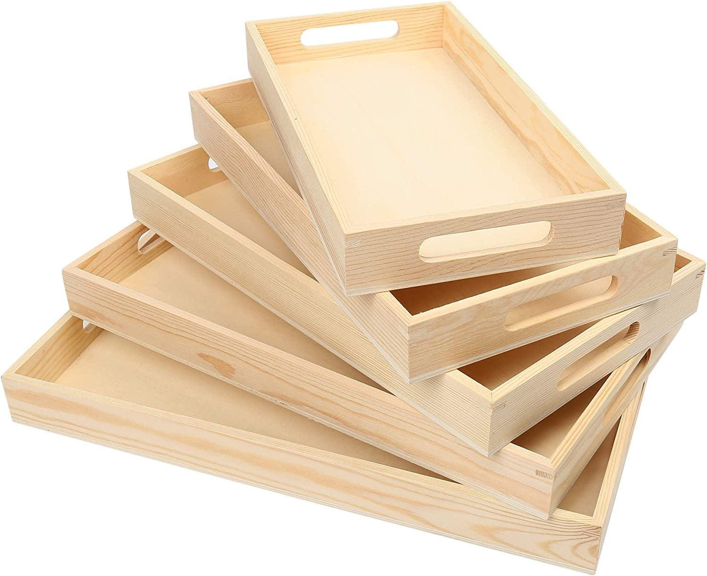 5PC Wooden Nested Serving Trays, Unfinished Natural Wood Trays with Handles, for Craft and Decor, Food Organizer - WoodArtSupply