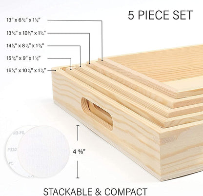 5PC Wooden Nested Serving Trays, Unfinished Natural Wood Trays with Handles, for Craft and Decor, Food Organizer - WoodArtSupply