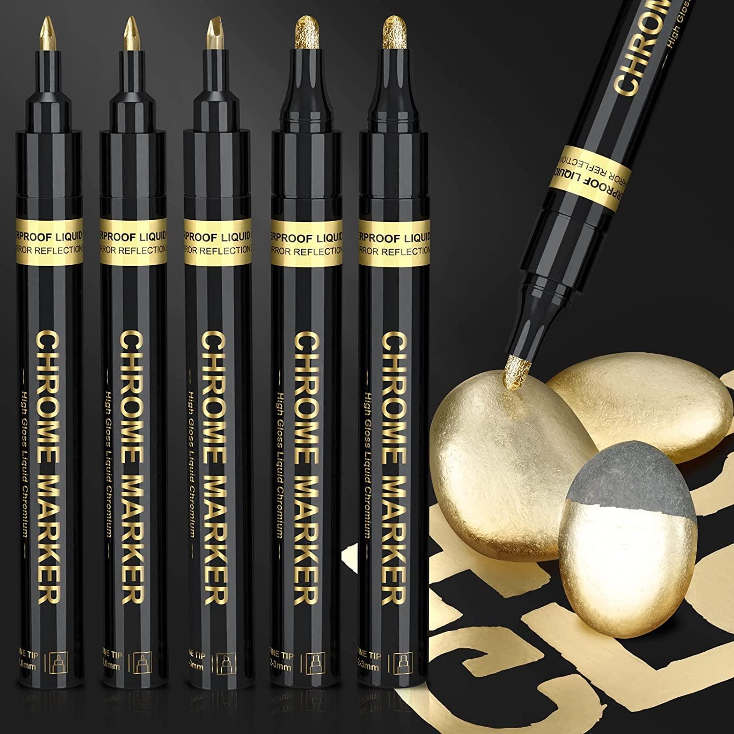 5x 1-3mm Art Liquid Gold Chrome Markers Reflective Gloss Metallic Set Golden Mirror Paint Pens - WoodArtSupply