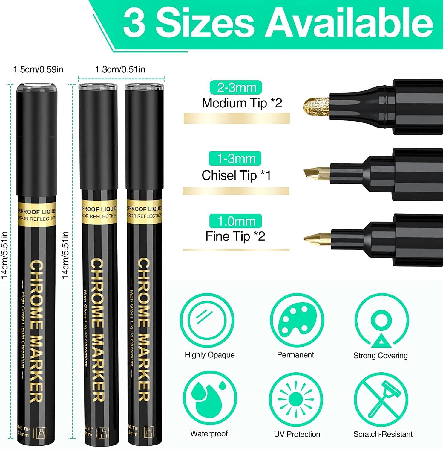 5x 1-3mm Art Liquid Gold Chrome Markers Reflective Gloss Metallic Set Golden Mirror Paint Pens WoodArtSupply