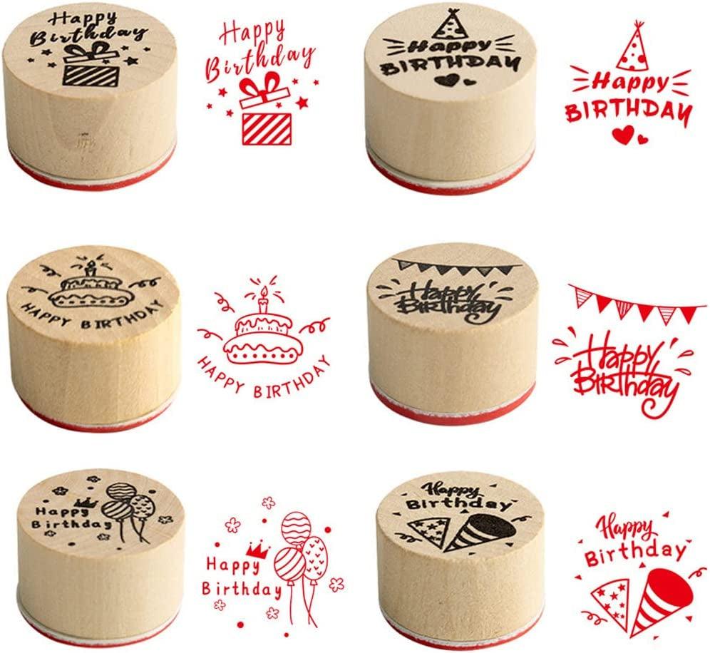 6 Pcs Wooden Stamps Set round Rubber Stamps for Card Making Happy Birthday Pattern - WoodArtSupply