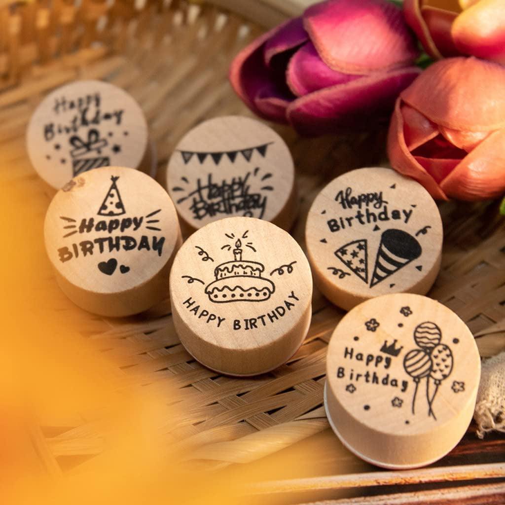 6 Pcs Wooden Stamps Set round Rubber Stamps for Card Making Happy Birthday Pattern WoodArtSupply