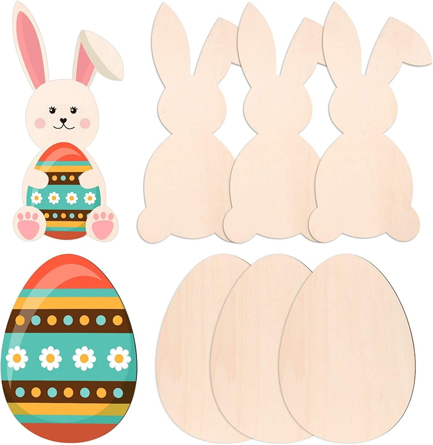 6 Pieces Easter Wooden Bunny Cutouts 11 X 6" and Unfinished Wood Egg 9.8 X 7.1" Rabbit Tags Slice - WoodArtSupply