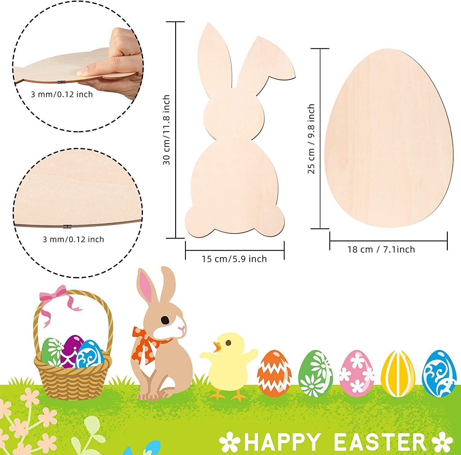 6 Pieces Easter Wooden Bunny Cutouts 11 X 6" and Unfinished Wood Egg 9.8 X 7.1" Rabbit Tags Slice - WoodArtSupply
