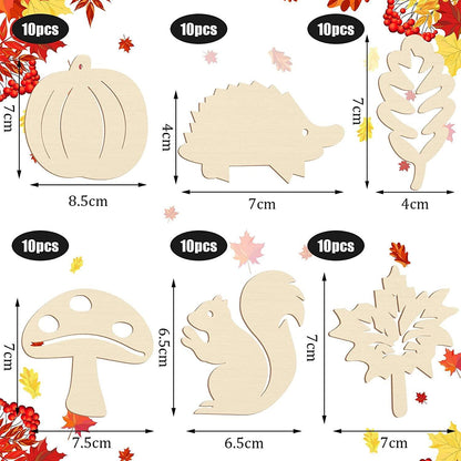 60 Pcs Fall Thanksgiving Unfinished Wooden Hollow Maple Leaves Pumpkin Mushrooms Wood Cutout Slices Craft DIY Decor - WoodArtSupply
