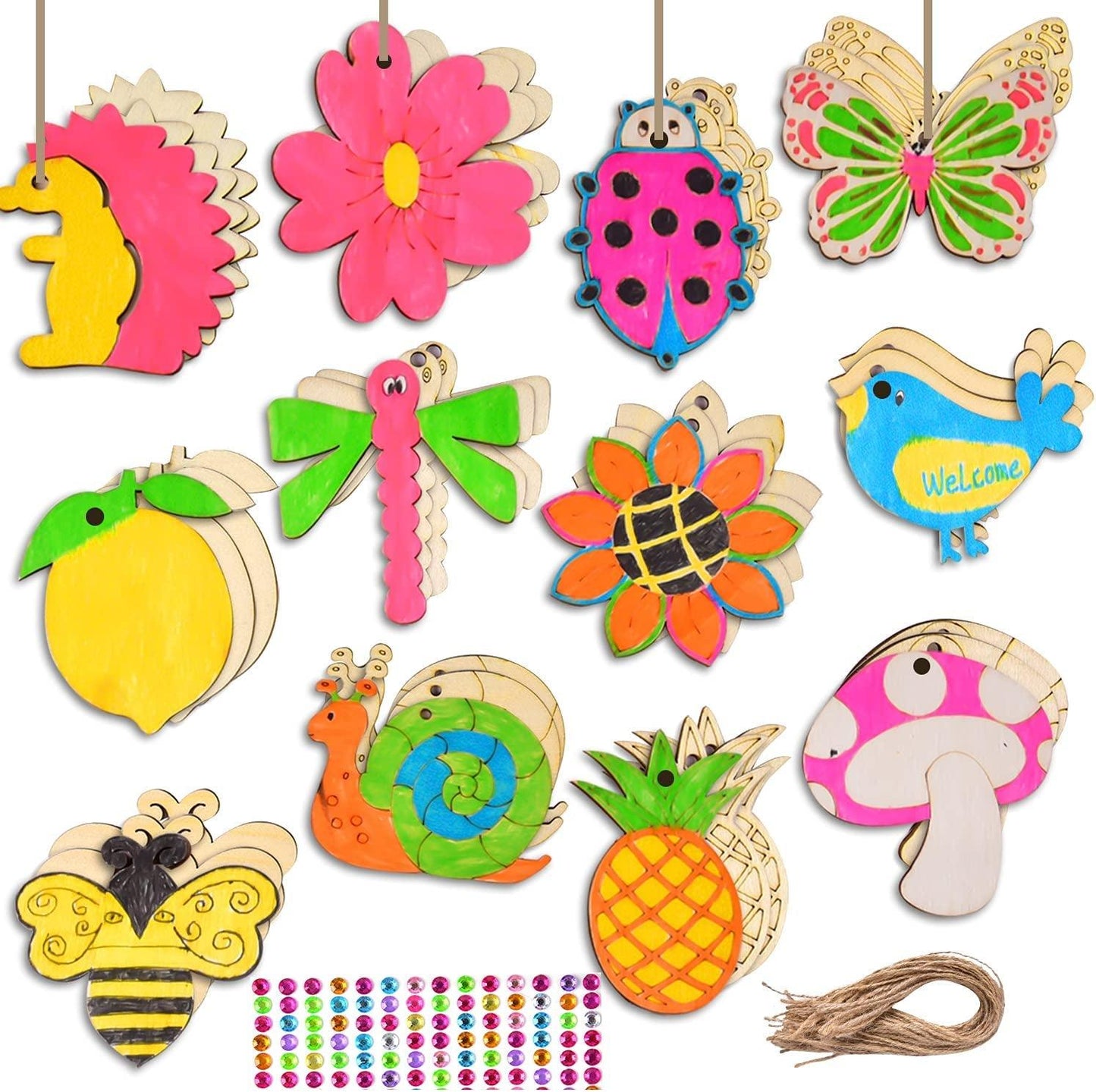 60 Pieces Unfinished Spring Wooden Cutouts, 12 Styles Butterfly Bee Wood Slices Flower Cutouts Blank Paint Crafts for Kids DIY - WoodArtSupply