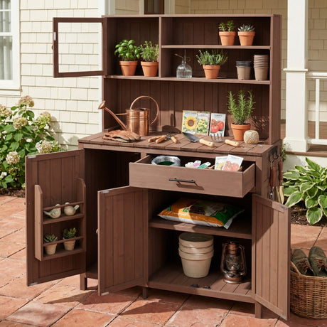 TOPAMX Potting Bench with Hutch, Solid Fir Wood Garden Workstation HouseOfZazla