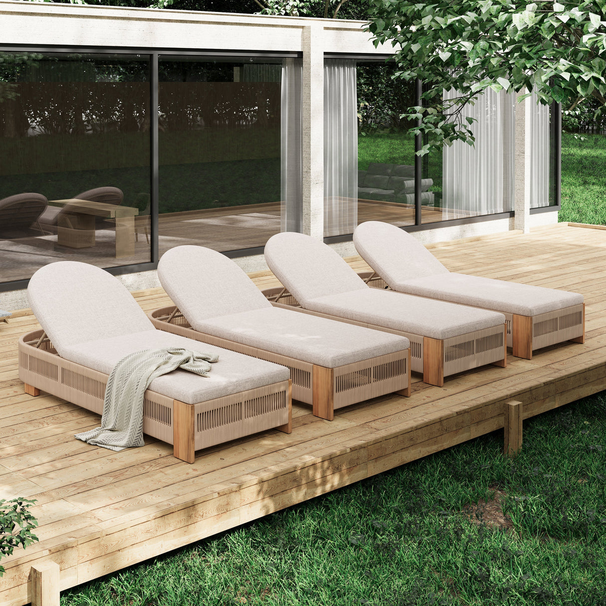 Outdoor Chaise Lounge Chair, Acacia Wood with Adjustable Backrest and Cushion