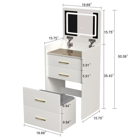 Compact 3 In 1 Vanity Desk With Open Top Mirror, Glass Desktop, 5 Height - White HouseOfZazla