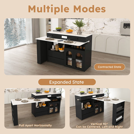 Kitchen Island With Extendable Rotating Table, 4 Drawers & Glass Door Cabinets, Built In Socket - Black HouseOfZazla
