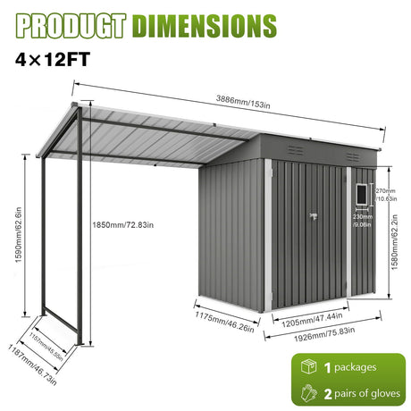 Lean To Shed With Open Sided Pergola, Outdoor Storage Shed & Attached Hardtop Gazebo Combo - Gray HouseOfZazla
