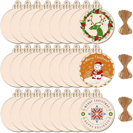 60PCS 3.5" DIY Wooden Christmas Ornaments Unfinished Predrilled Wood Slices Circles for Crafts round Centerpieces Discs Holiday Hanging Decorations WoodArtSupply