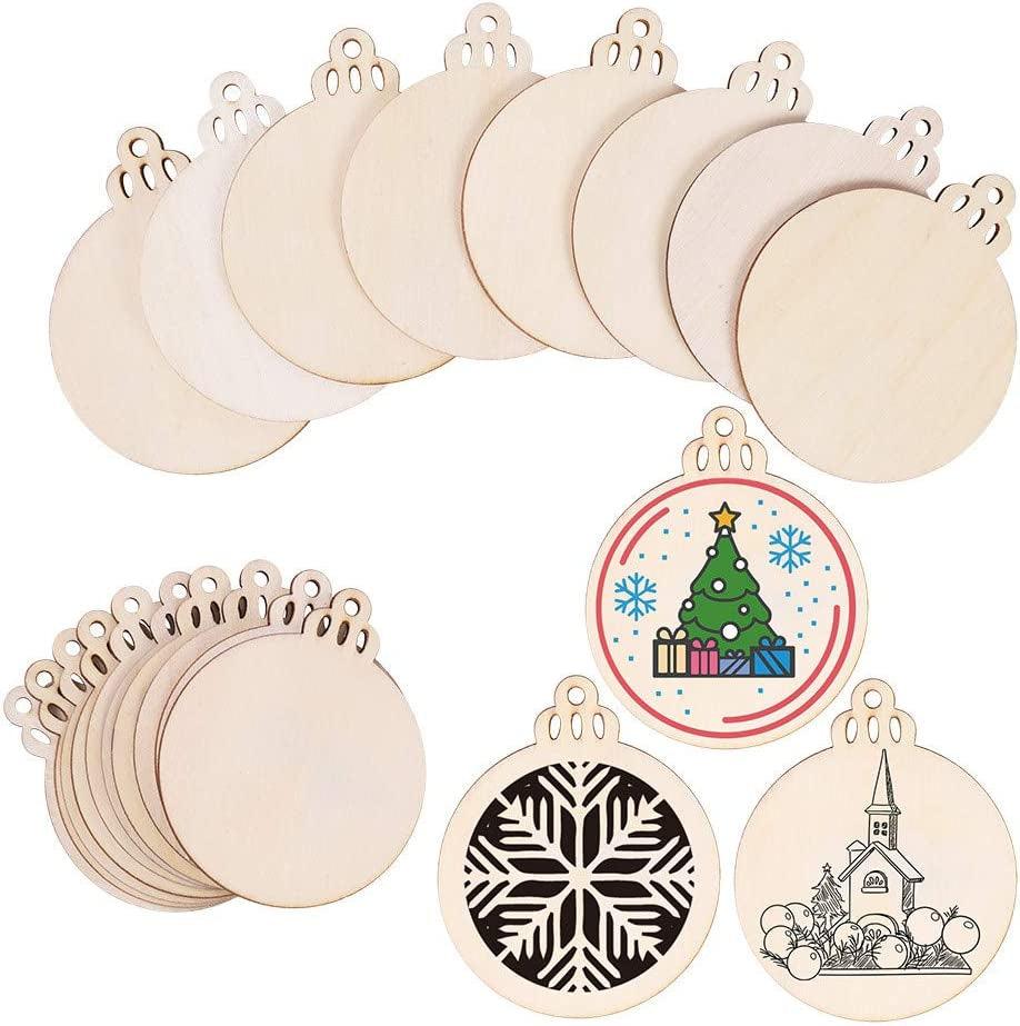 60PCS 3.5" DIY Wooden Christmas Ornaments Unfinished Predrilled Wood Slices Circles for Crafts round Centerpieces Discs Holiday Hanging Decorations WoodArtSupply