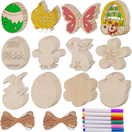 60PCS Easter Wood Cutouts Crafts Unfinished Ornaments DIY Bunny Decor Hanging Egg Shapes with Pen and Cords WoodArtSupply