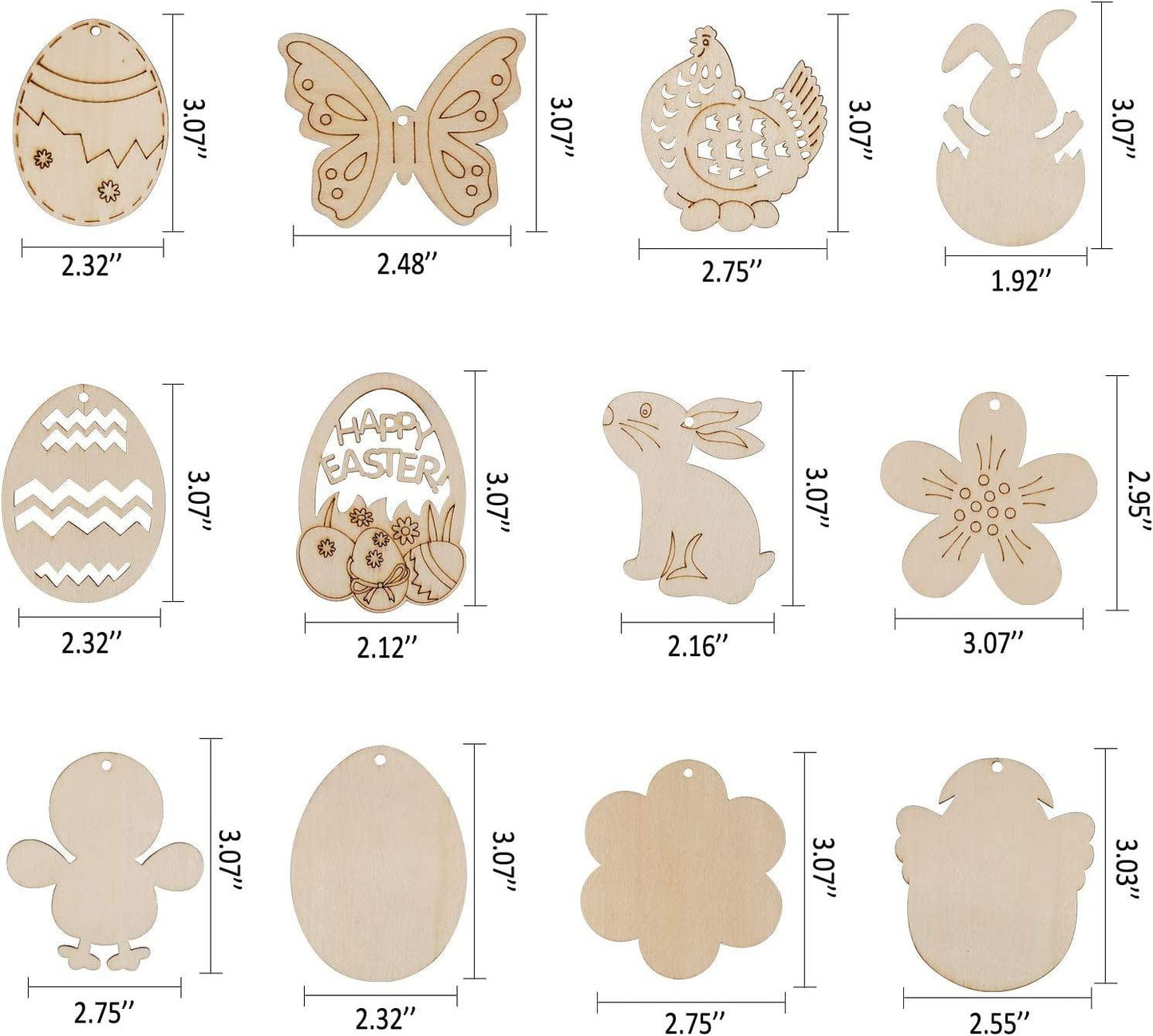 60PCS Easter Wood Cutouts Crafts Unfinished Ornaments DIY Bunny Decor Hanging Egg Shapes with Pen and Cords - WoodArtSupply
