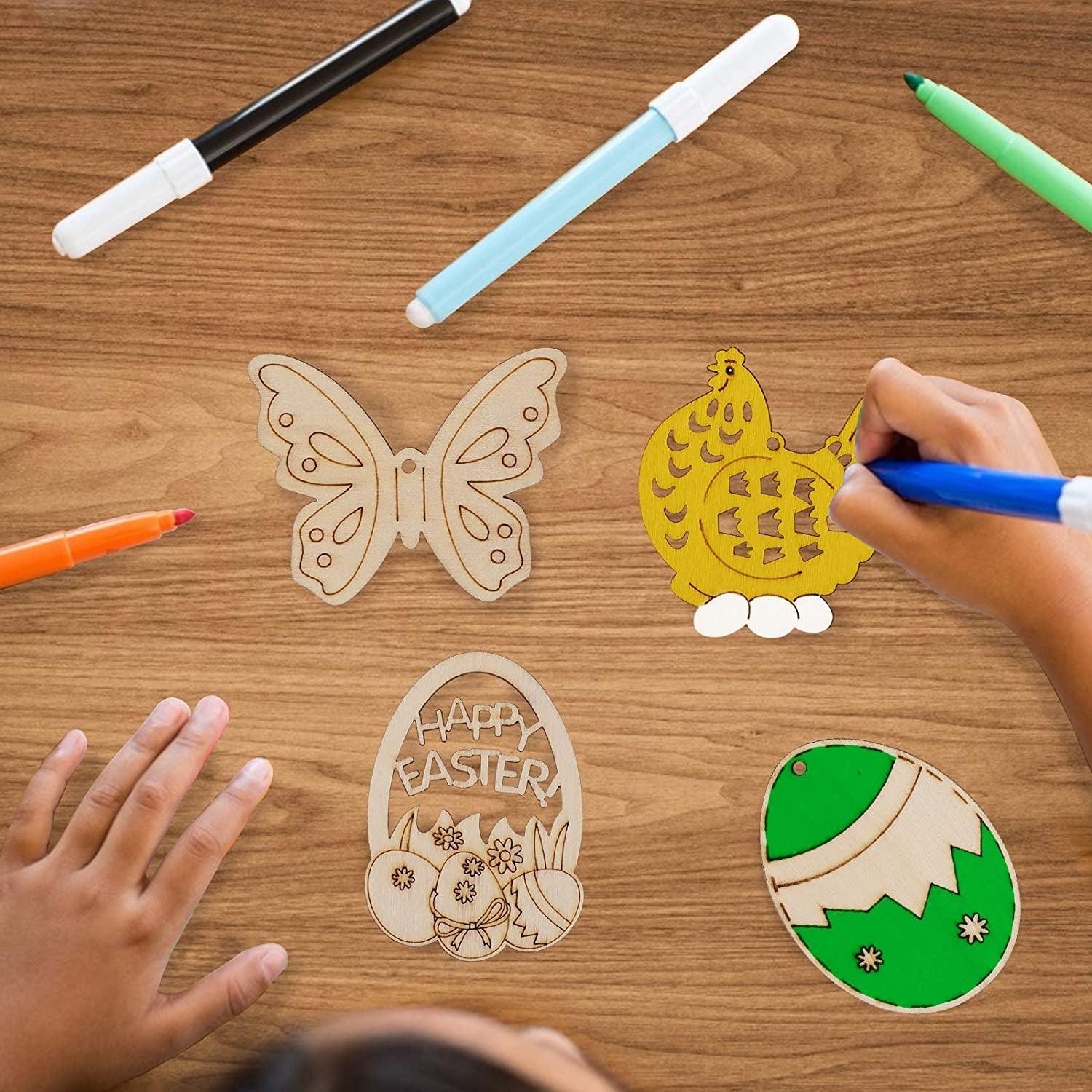 60PCS Easter Wood Cutouts Crafts Unfinished Ornaments DIY Bunny Decor Hanging Egg Shapes with Pen and Cords WoodArtSupply
