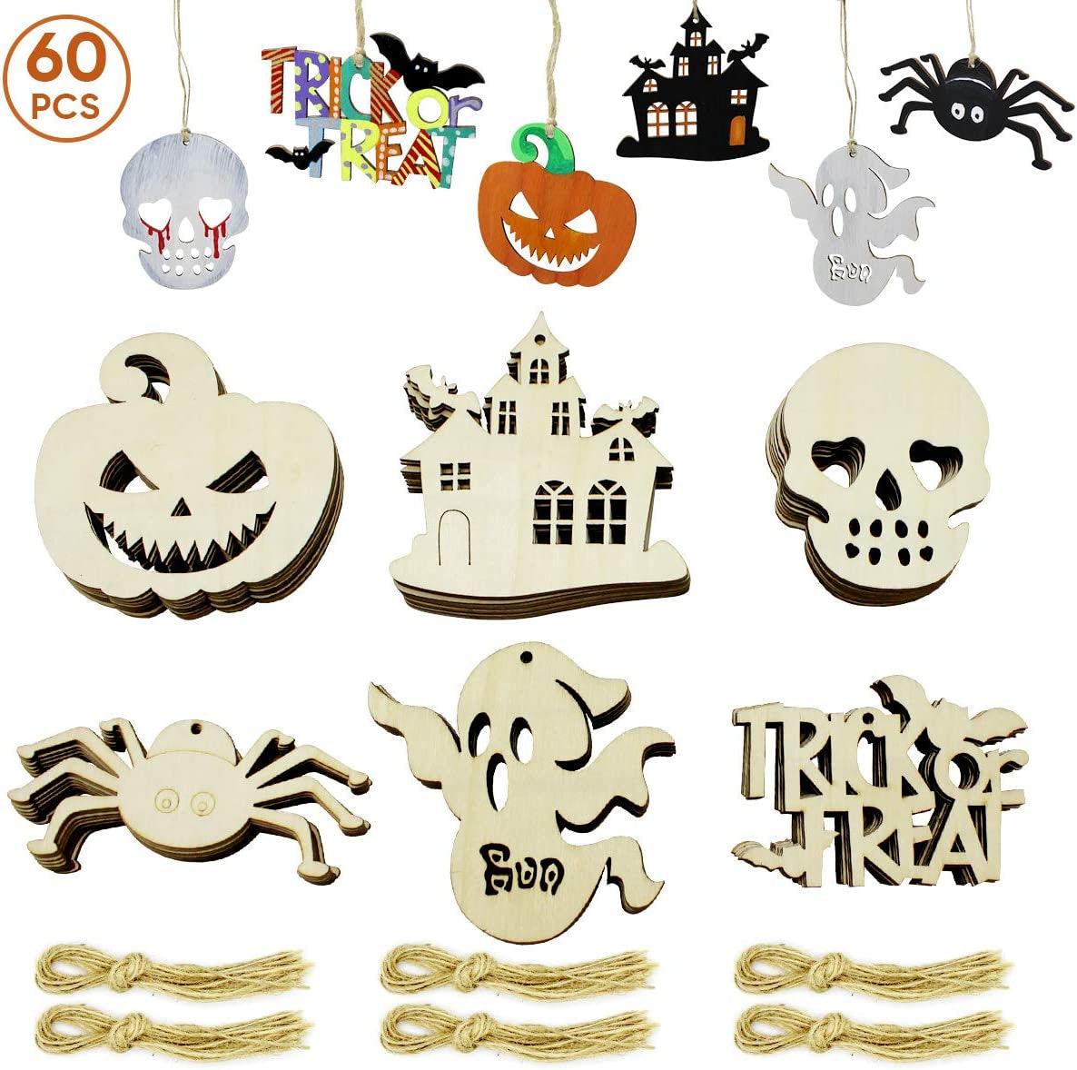 60Pcs Halloween Crafts Unfinished Wooden Ornaments Kit DIY Wood Cutouts 60 Pcs Twine Ropes Kids WoodArtSupply