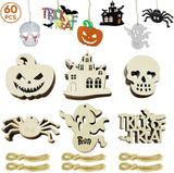 60Pcs Halloween Crafts Unfinished Wooden Ornaments Kit DIY Wood Cutouts 60 Pcs Twine Ropes Kids WoodArtSupply