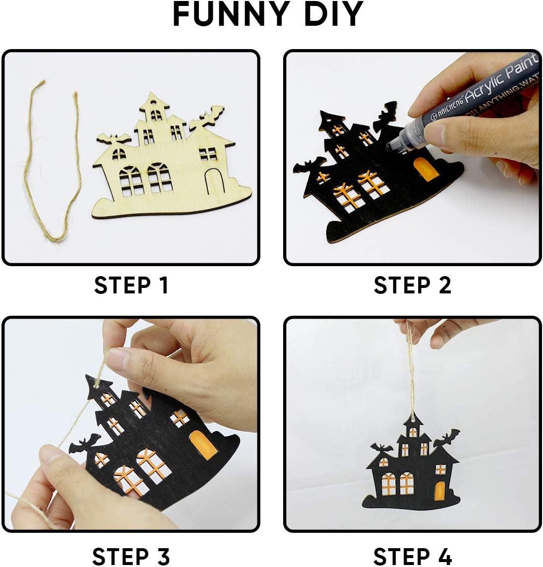 60Pcs Halloween Crafts Unfinished Wooden Ornaments Kit DIY Wood Cutouts 60 Pcs Twine Ropes Kids WoodArtSupply