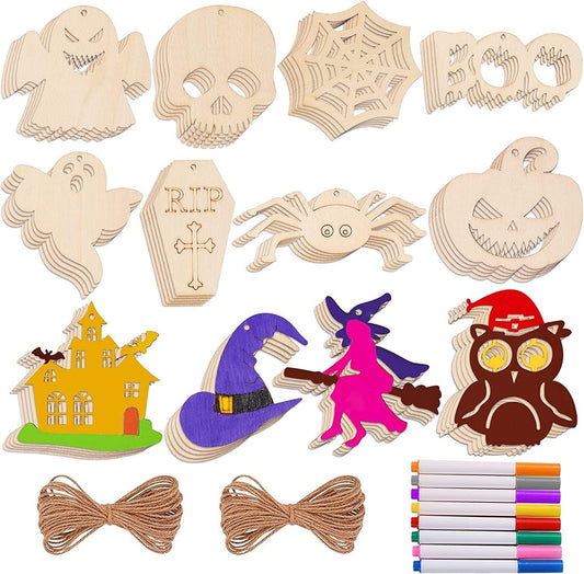 60PCS Halloween Wooden Slices Cutouts Ornaments DIY Crafts Unfinished Pre-Drilled Natural Wood for Kids Hanging Decorations Gifts - WoodArtSupply