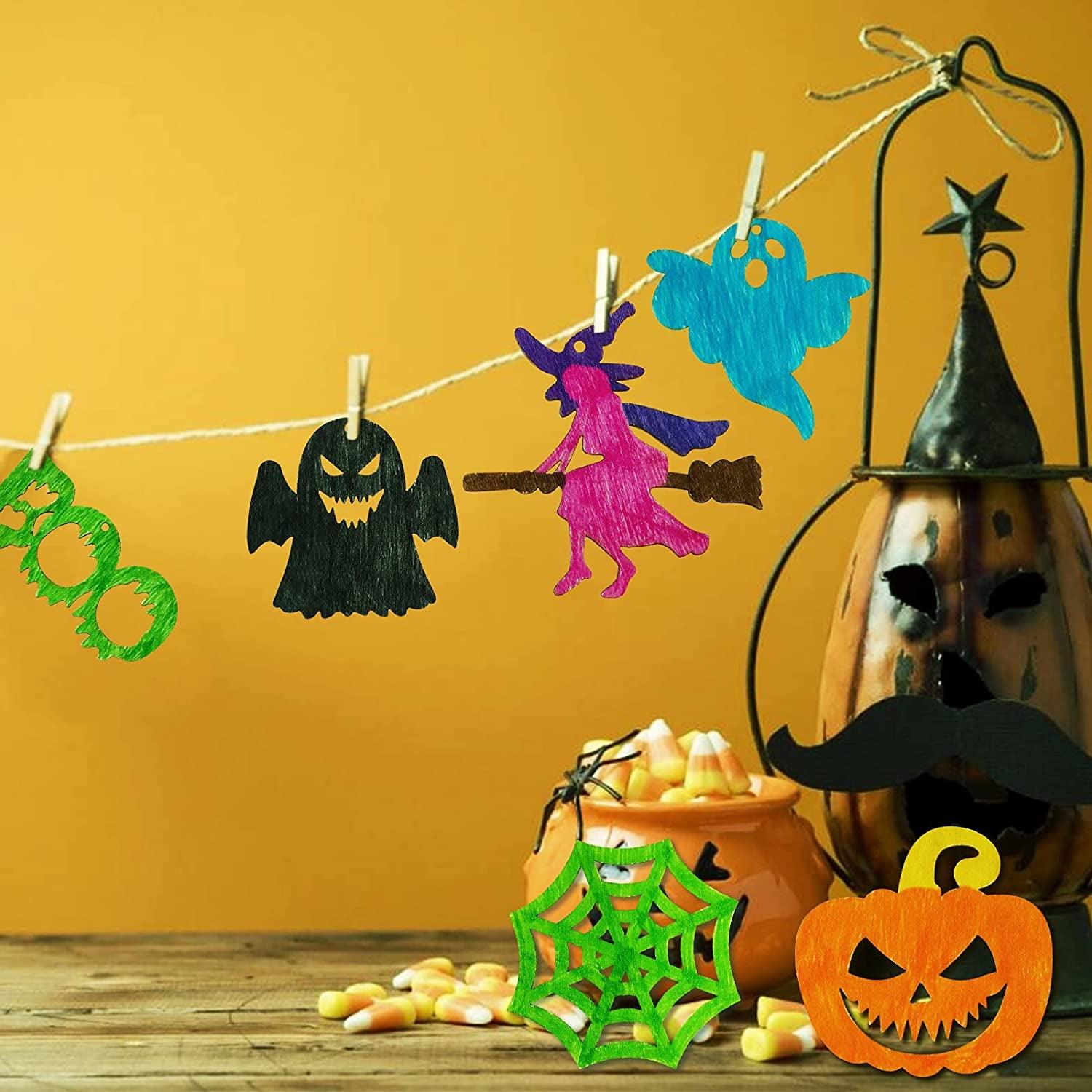 60PCS Halloween Wooden Slices Cutouts Ornaments DIY Crafts Unfinished Pre-Drilled Natural Wood for Kids Hanging Decorations Gifts - WoodArtSupply