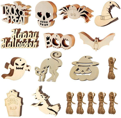 60Pcs Halloween Wooden Slices Hanging Tags Unfinished Predrilled Wood Ornaments Cutouts Crafts with Twine Ropes - WoodArtSupply